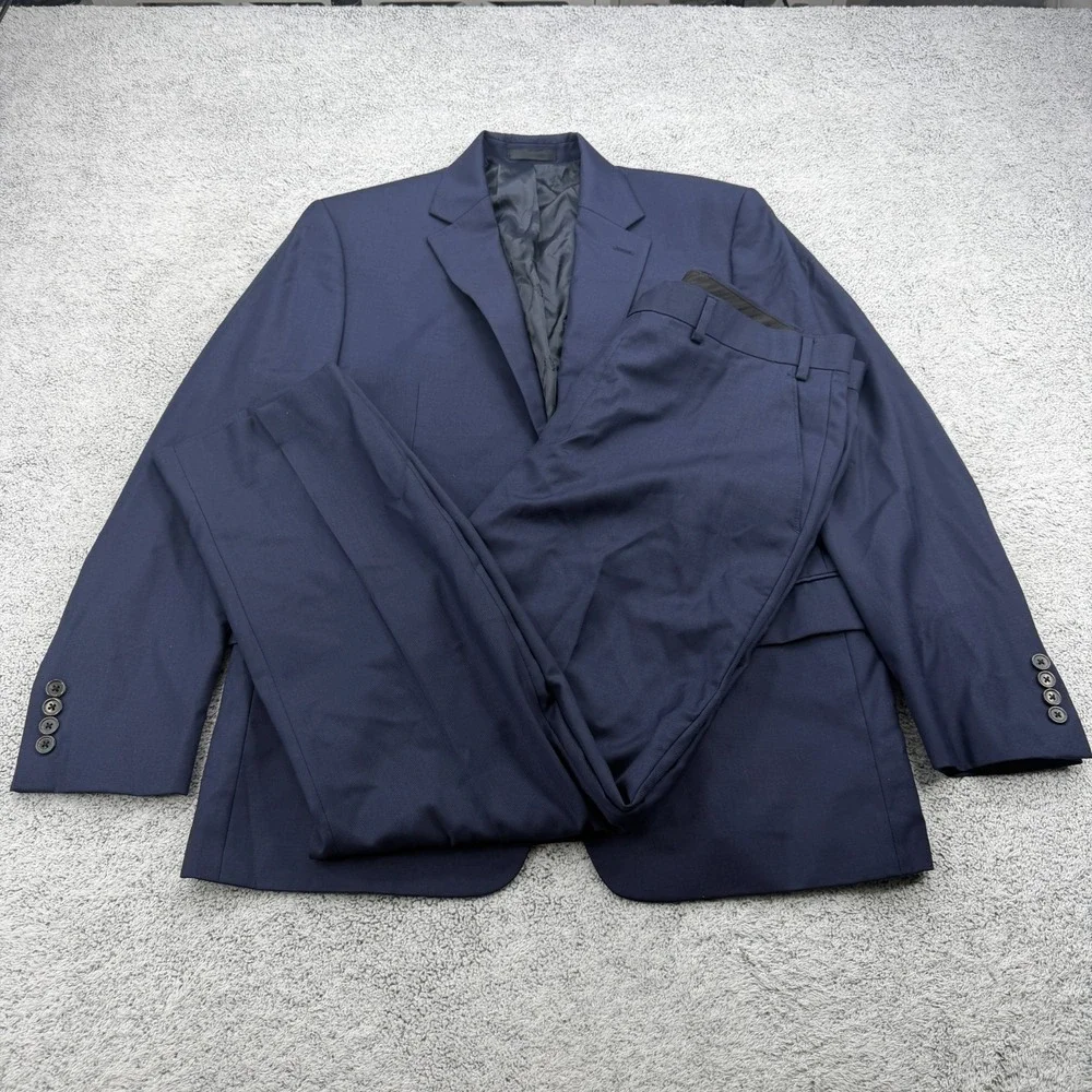 Lauren Ralph Lauren Suit Mens 42R 36x30 Blue Stretch Pleated Pant Wool Blend
